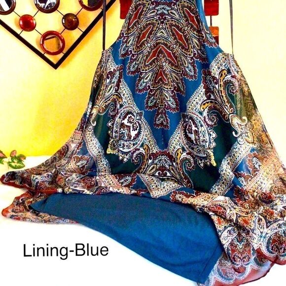 FESTIVAL NIGHT RIDER BOHO KERCHIEF HEM DRESS - TRUE TEAL/TAN 8 NWT - Picture 5 of 16